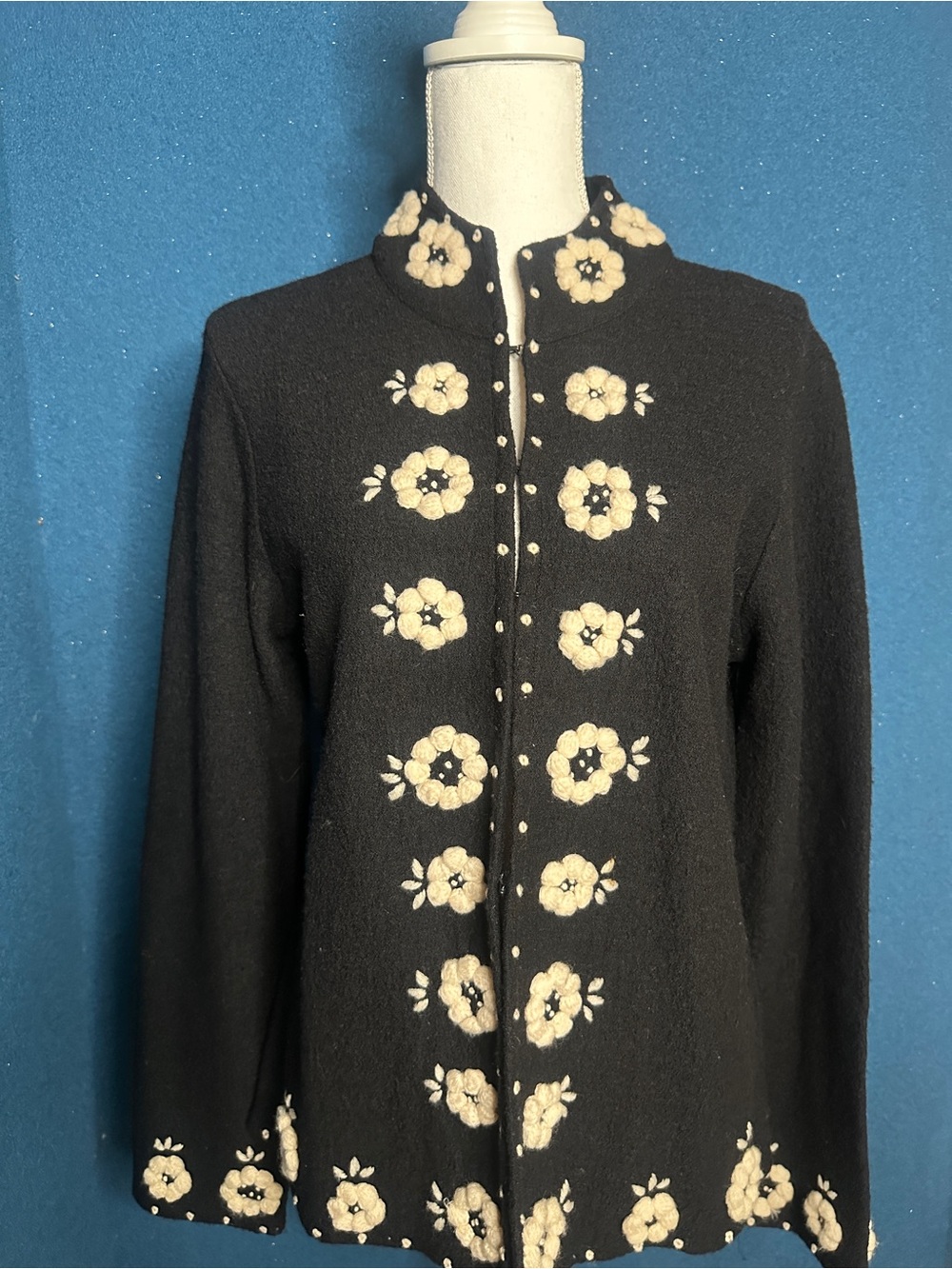 Cynthia Rowley Black Cardigan with Cream Floral Embroidery